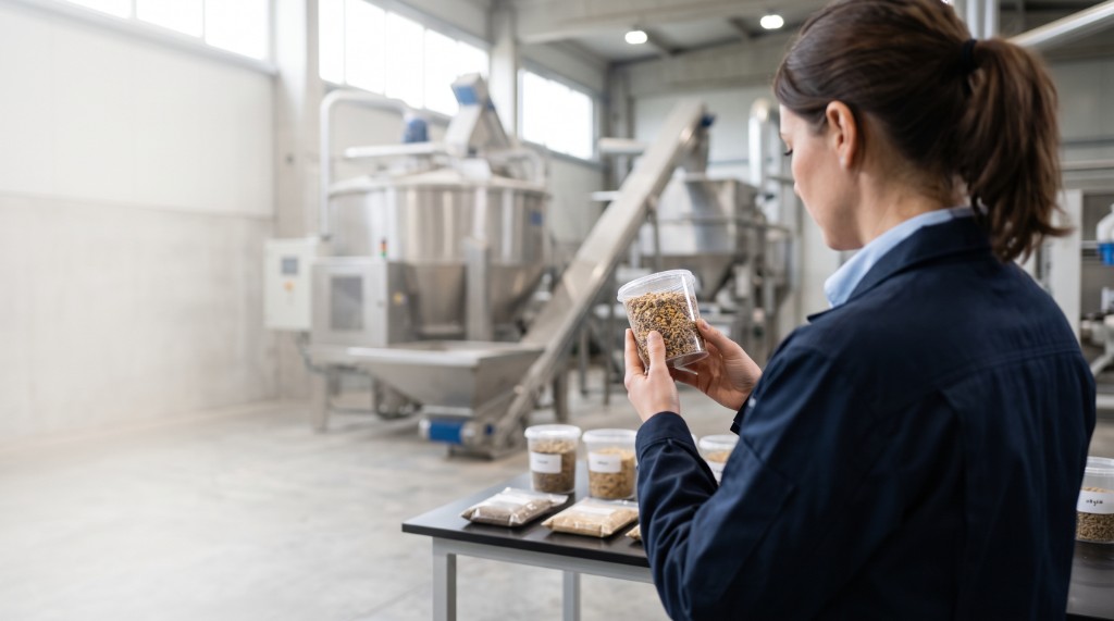 Quality specialist inspecting feed samples in a modern production facility