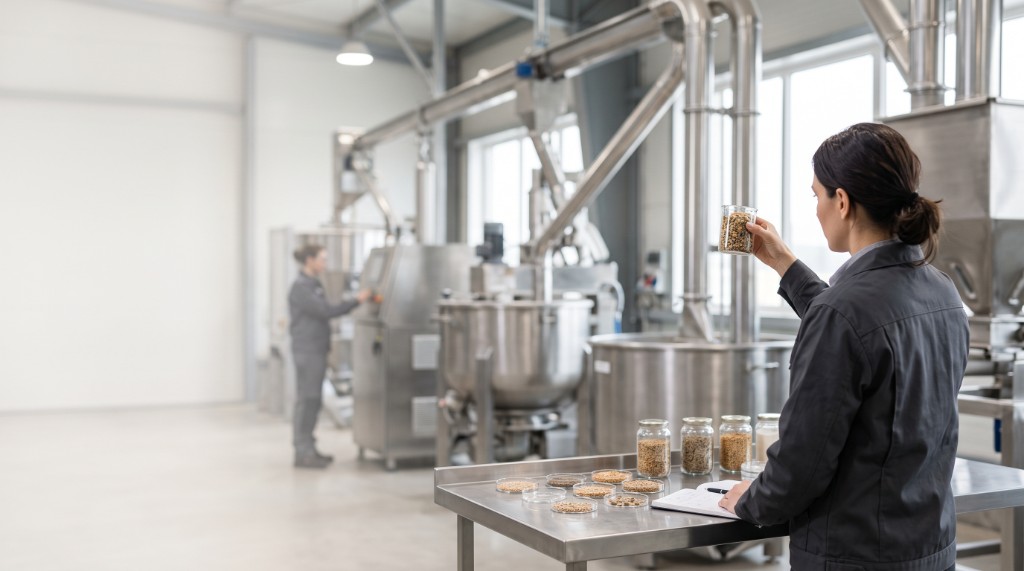 Quality control specialist inspecting feed samples in a modern production facility